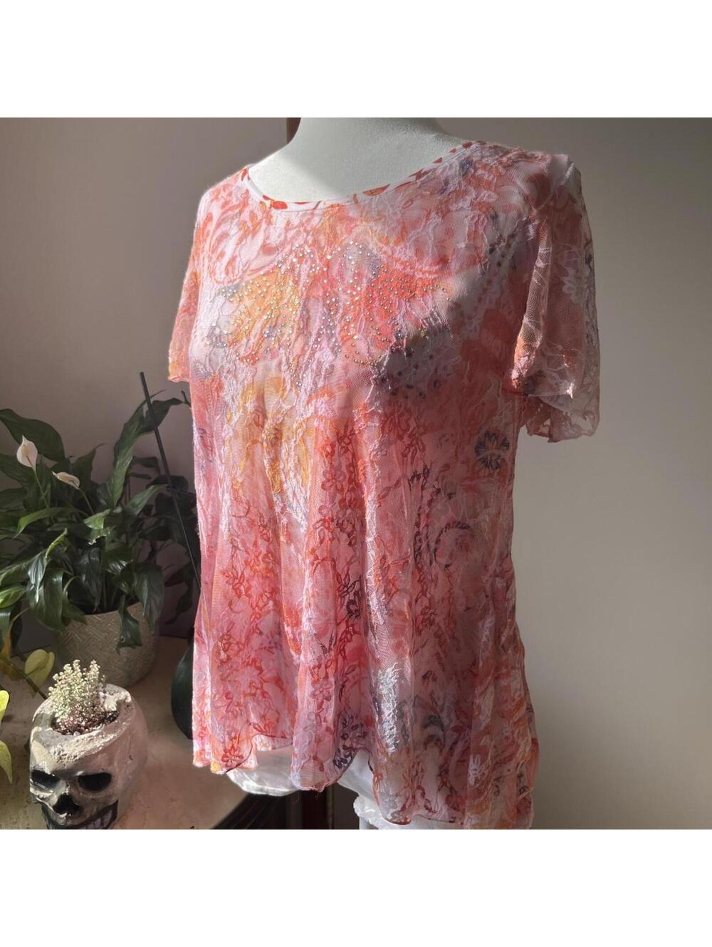 Y2K Sheer Lace Fairy Top Pink Coral Rhinestone Babydoll Size small 🩷